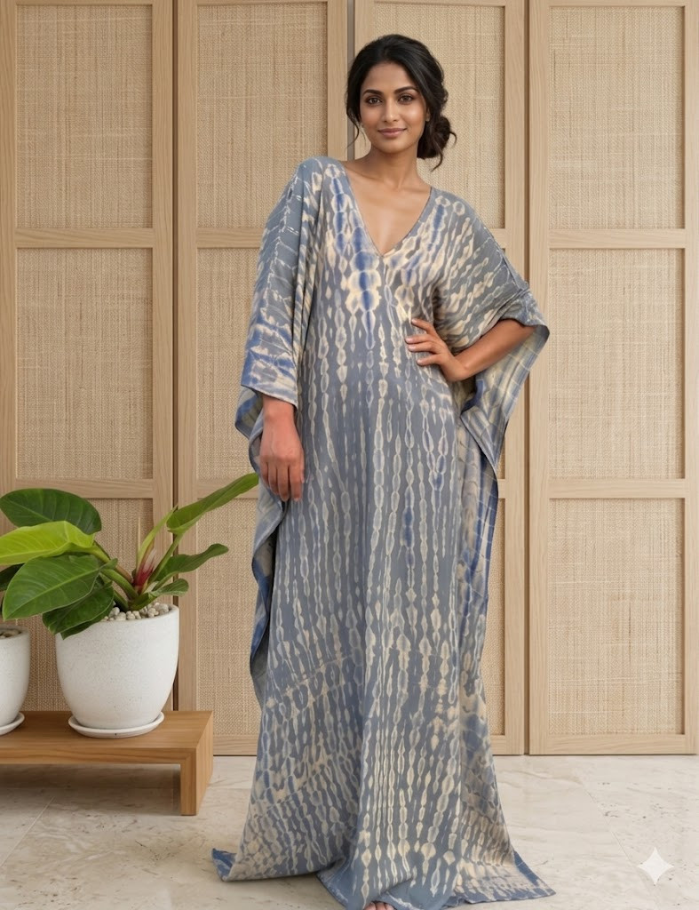 Gray With Blue Tie Dye Kaftan Dress For Women, Plus Size Moroccan Caftan Dress