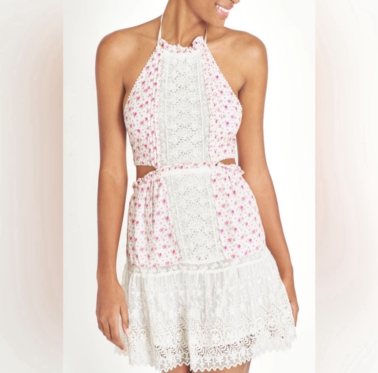 LoveShackFancy Kesia Dress Pink Poppy Cotton Lace Cutout Halter Mini XS NWT $375