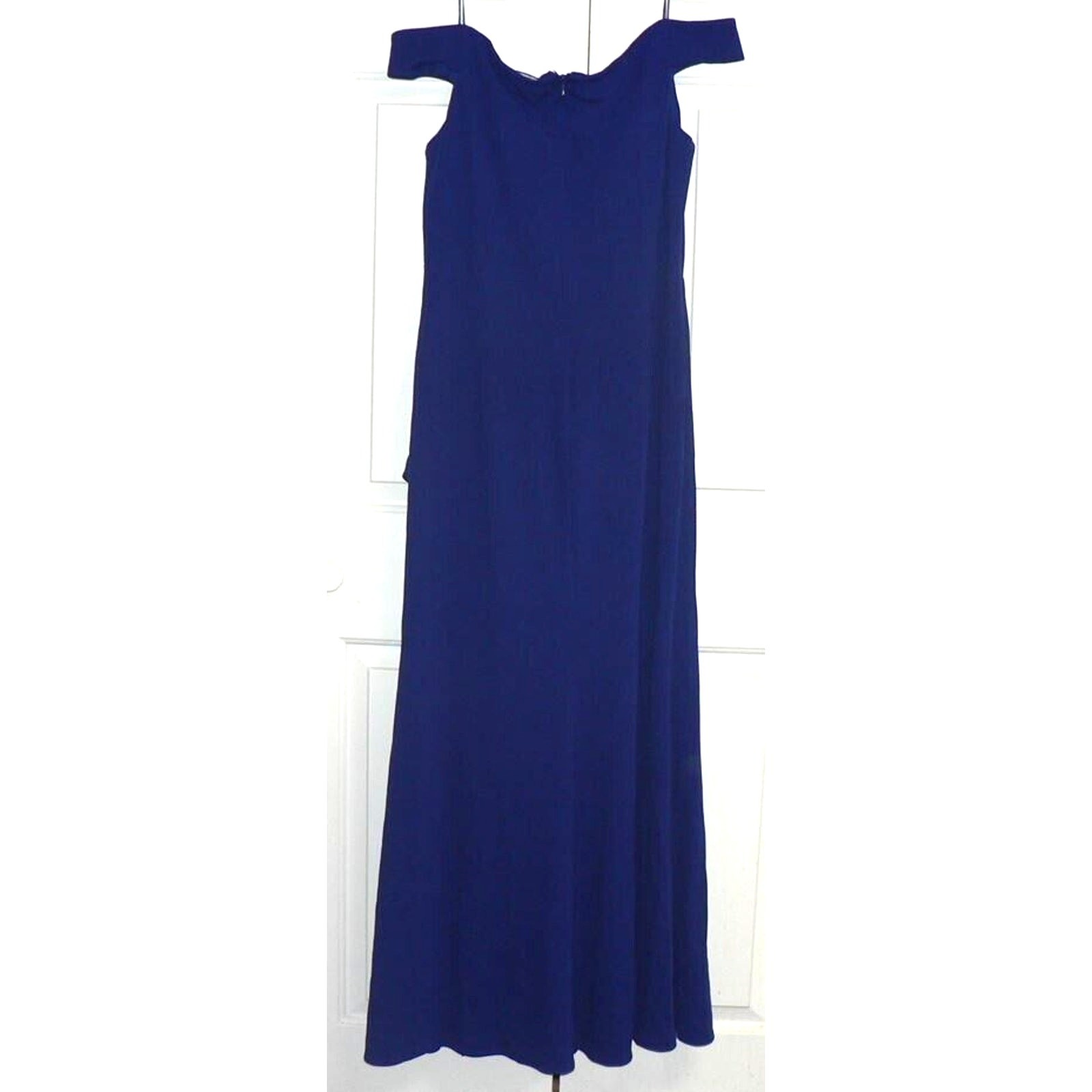 Ignite Evenings Off the Shoulder Ruffle Drape Slit Crepe Gown Blue Size 16 $239