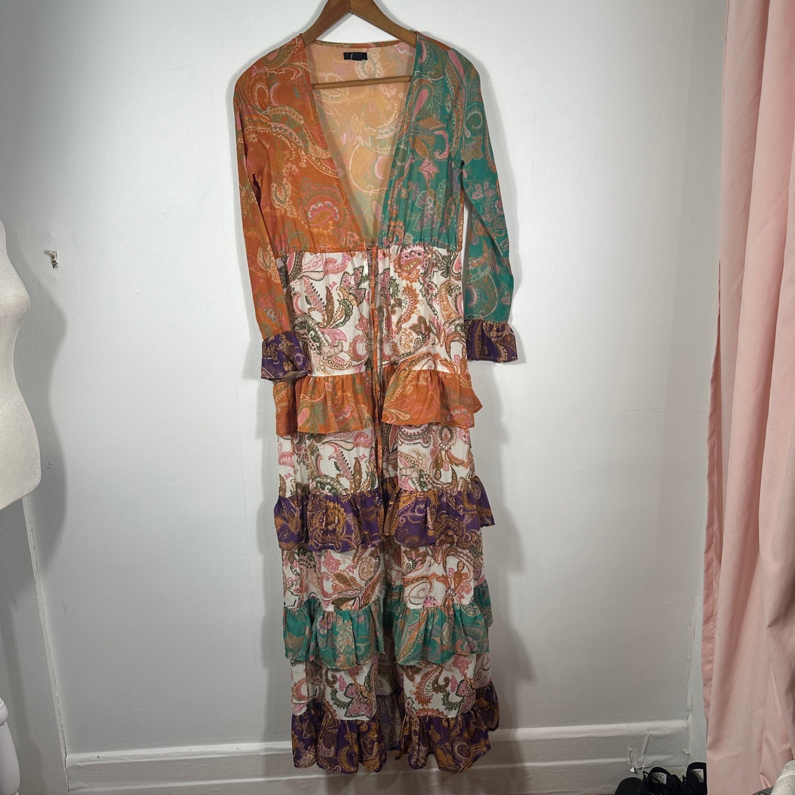 Nasty Gal Paisley Patchwork Tiered Maxi Dress Boho Festival Ruffle US 4