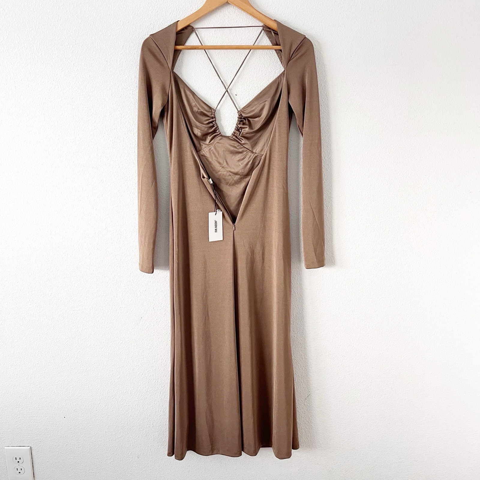 NWT Jason Wu Engracia Open Back Midi Dress Small Khaki Tan Bodycon size S