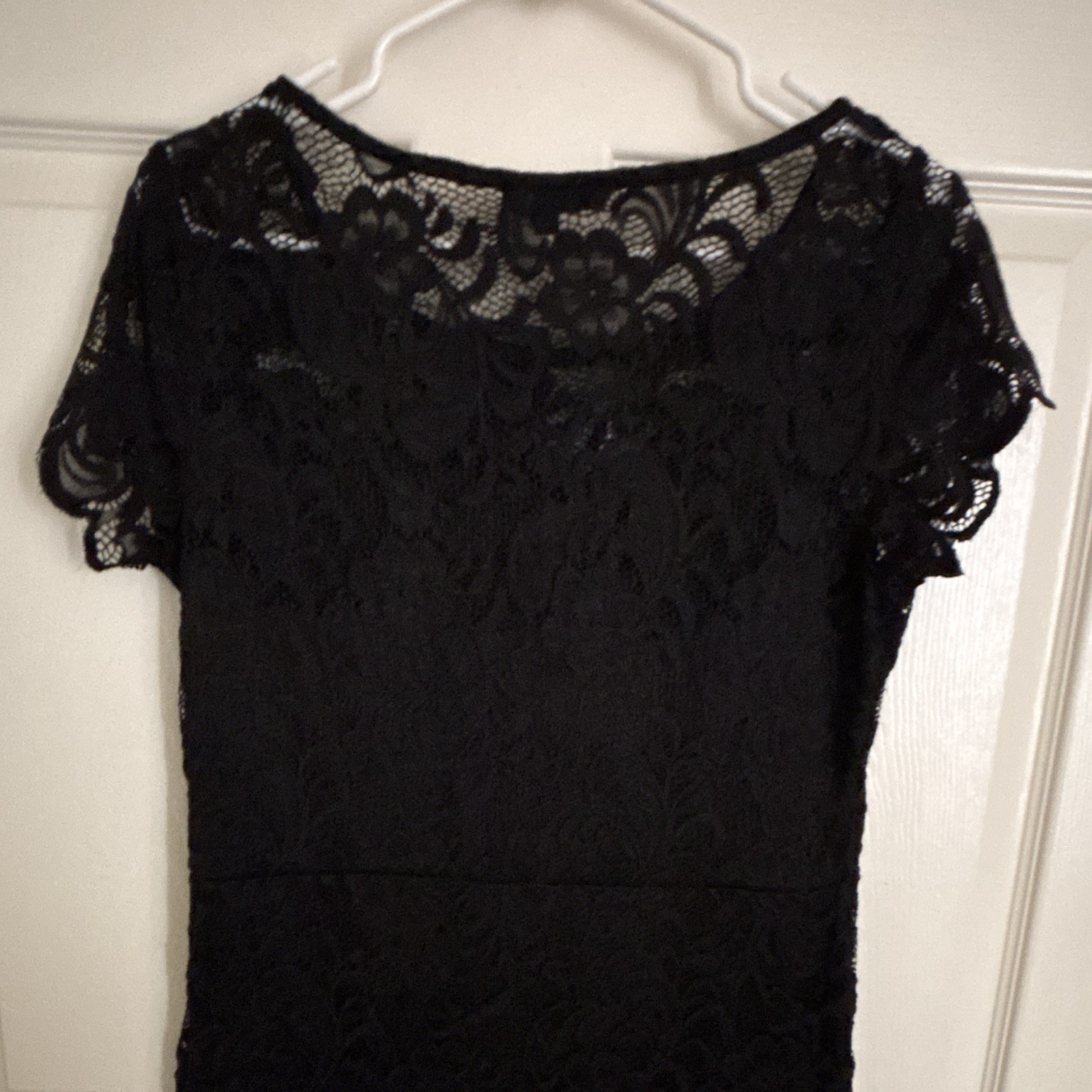 ODCOCD Black Floral Lace Sheath Knee Dress Cap Sleeve Lined Size L
