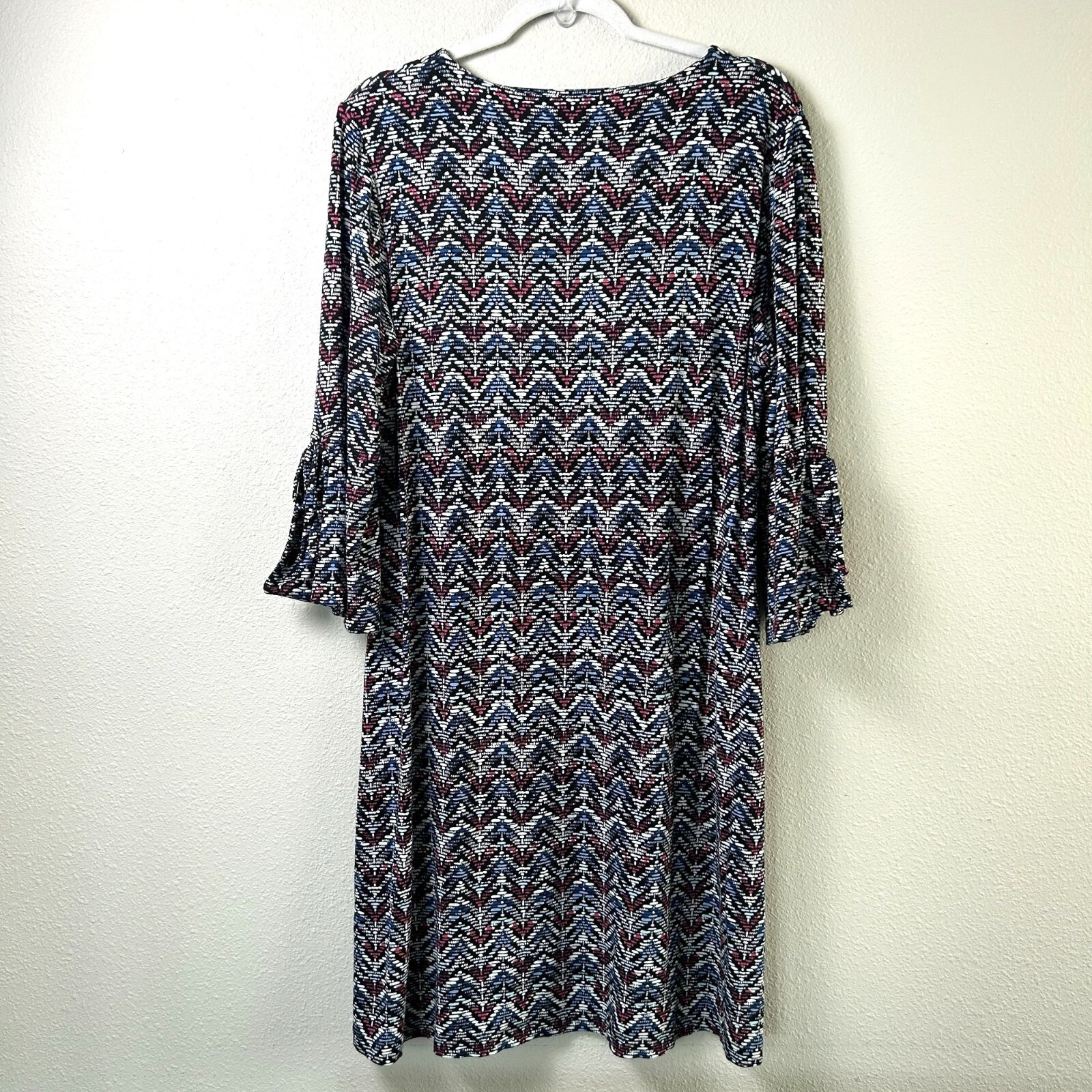 Chicos Midi Dress Womens 2 US 12 14 Black Blue Chevron Bell 3/4 Split Sleeve