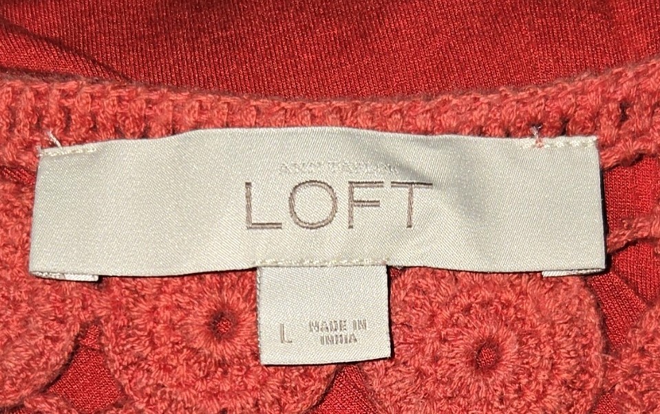 LOFT Brick Red Solid Midi Dress L Sleeveless Round Neck Lace Yoke Keyhole Back