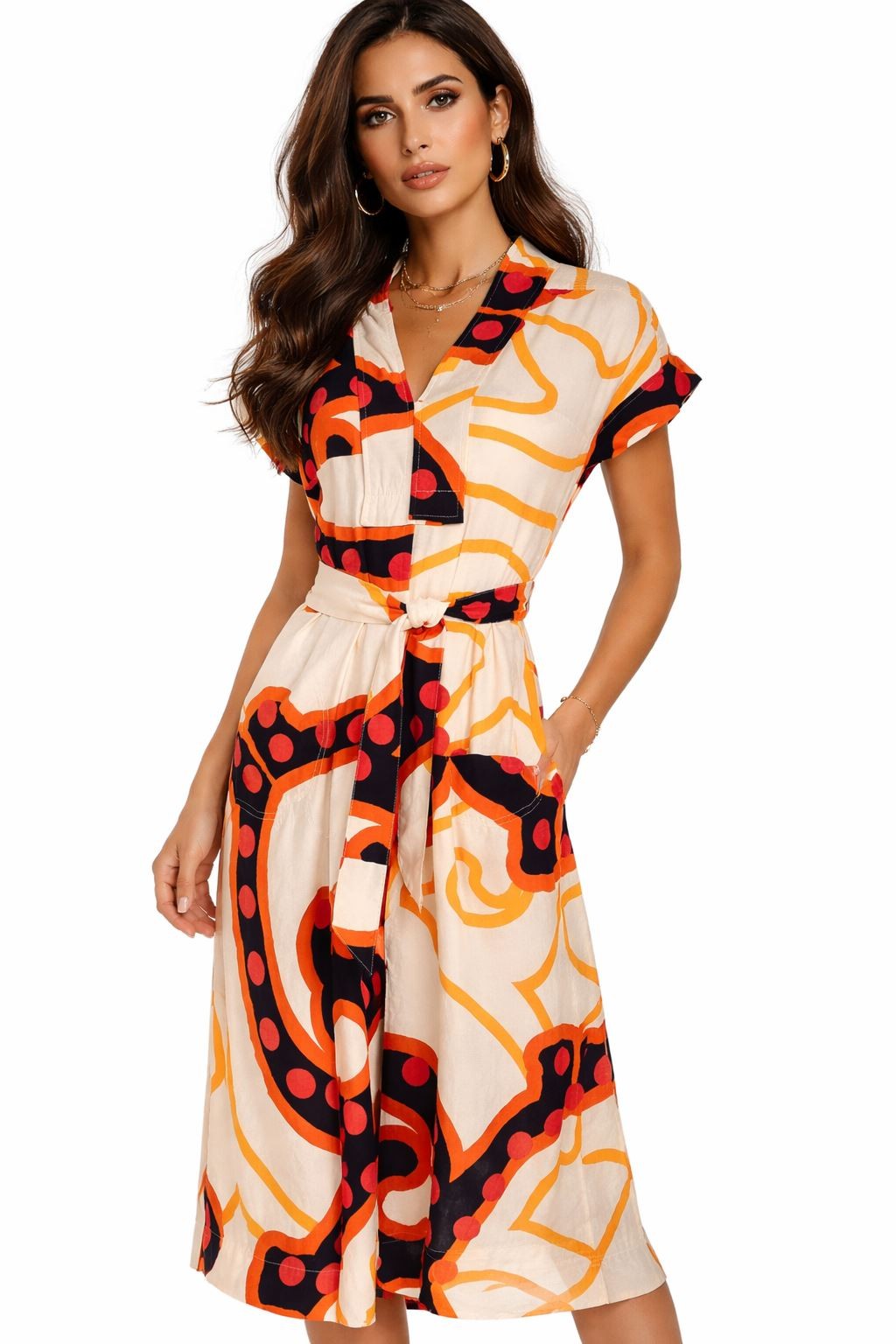 Womens White Stuff Dress Orange Marianne Midi Linen Blend Abstract Print