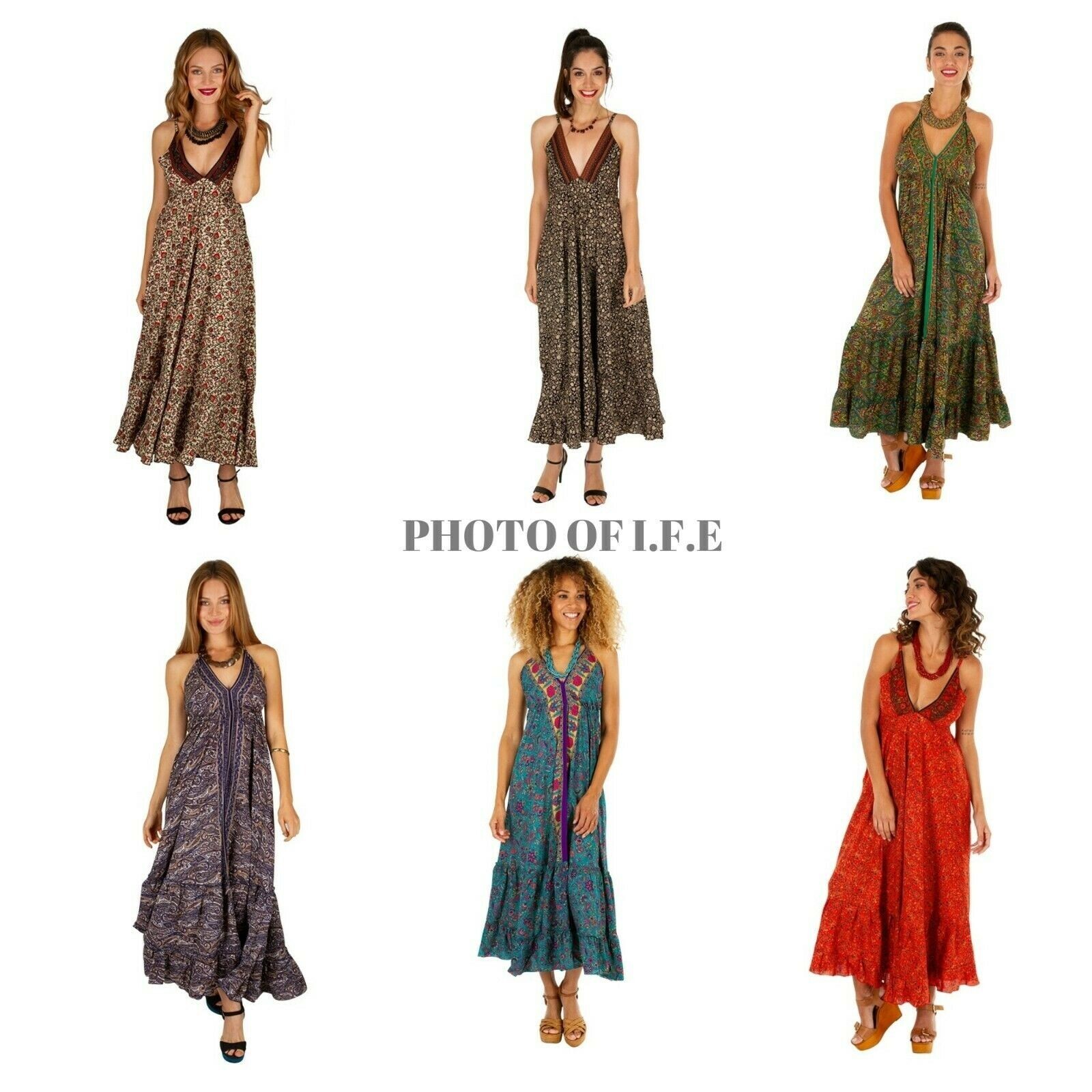Handmade Ladies Casul Evening Summer 5 PC lot Dress indian Sari Silk Long Dress