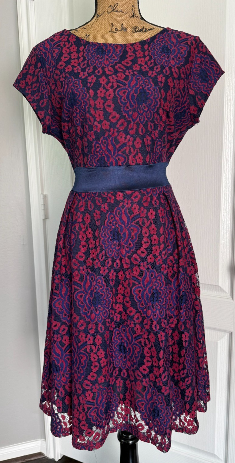 Miusol Dress Blue Red Lace Lined Cap Sleeve Cocktail Floral Satin Waist Tie L