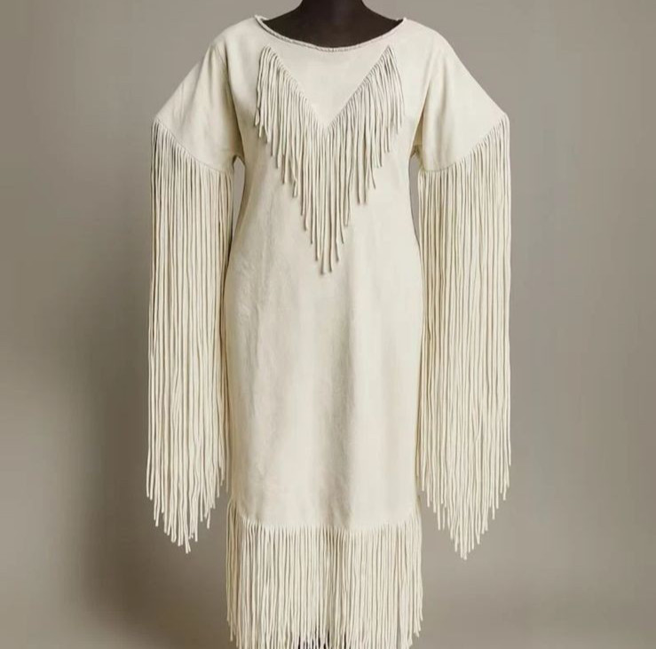 Women’s White Leather Long Fringes Vintage Women Wedding Dress Powwow Regalia
