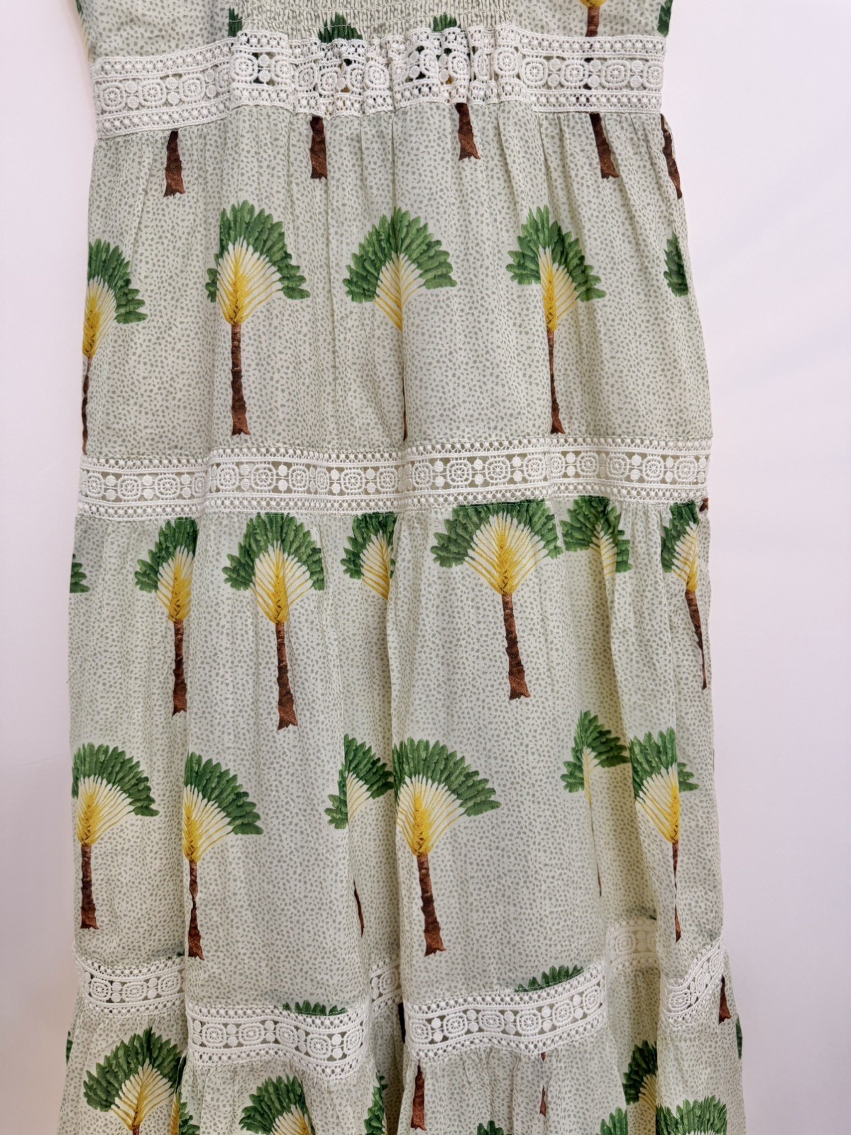 Calypso St Barth Summer Maxi Dress with Crocheted Tiered Smock Ruffle Tropical