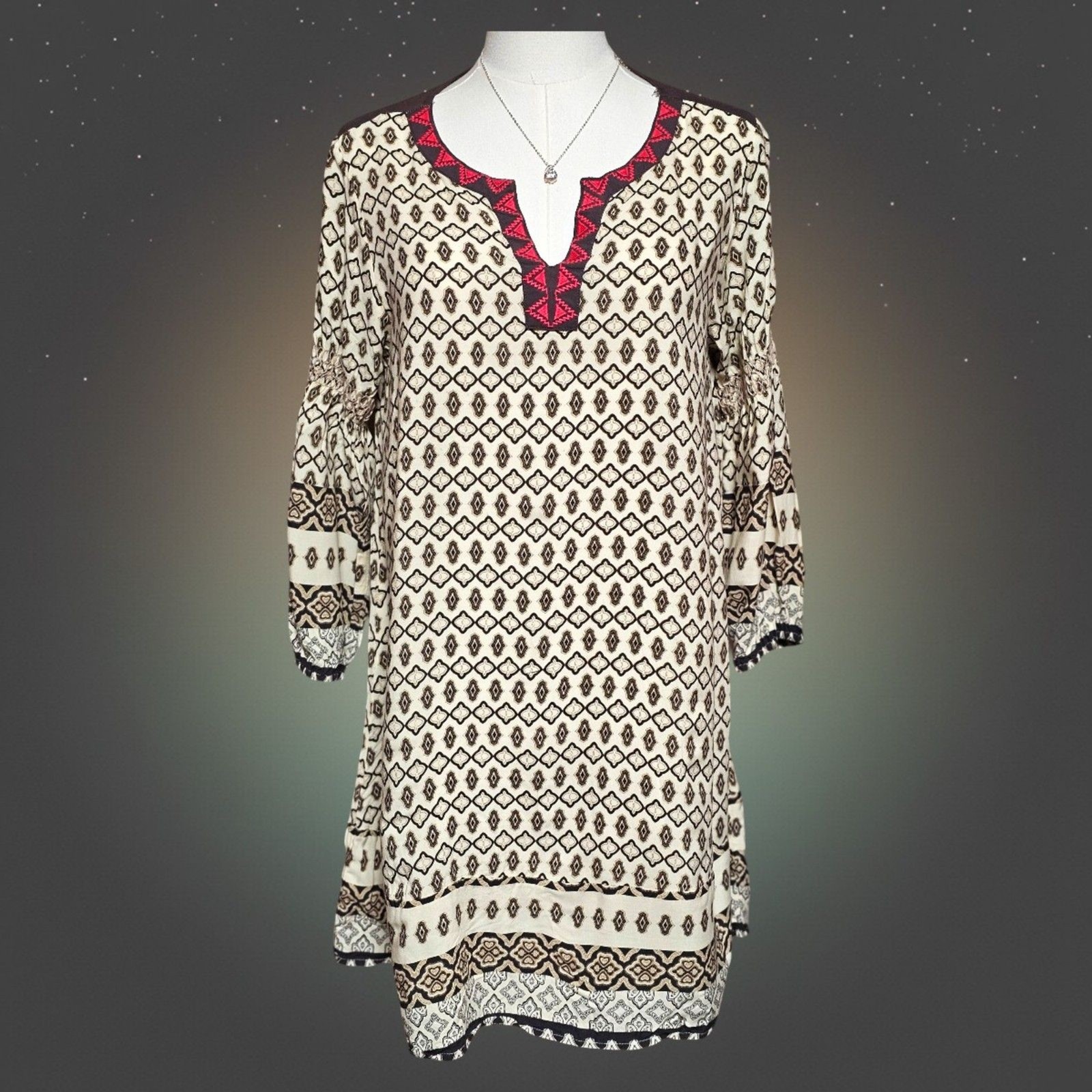 Umgee S Tunic Dress Cream Brown Boho Western Cottagecore Smocked Cotton