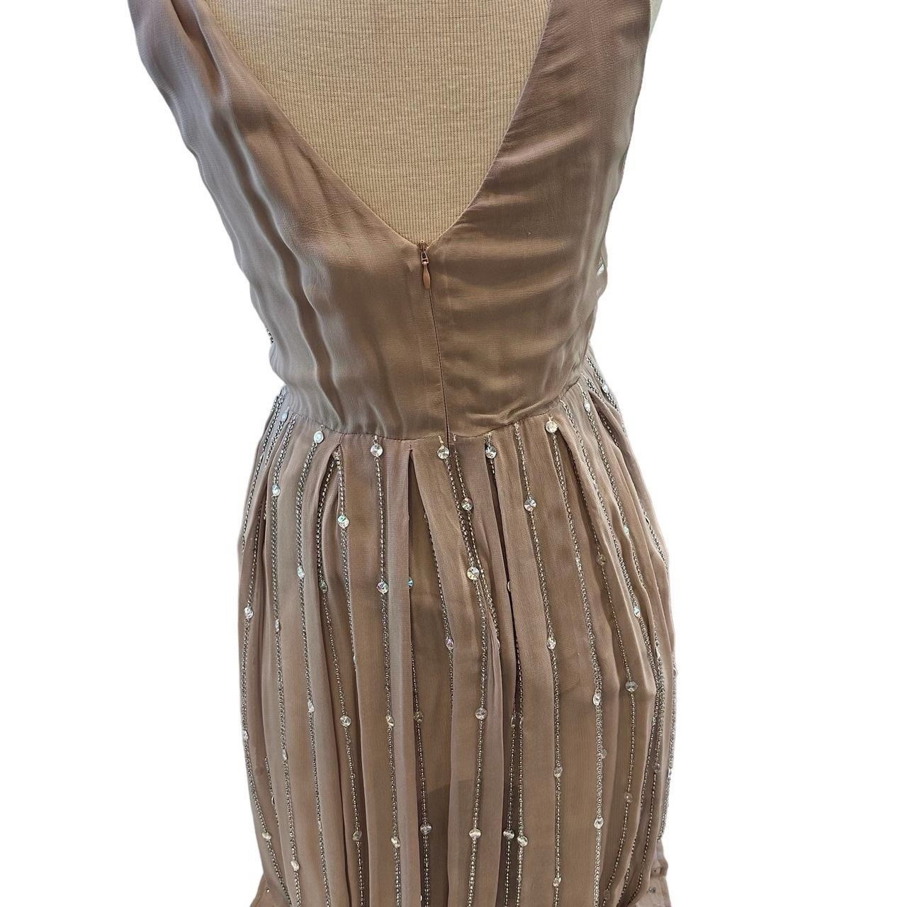 Champagne Taupe Rhinestone Beaded Goddess Dress Open Back Pleated Forma