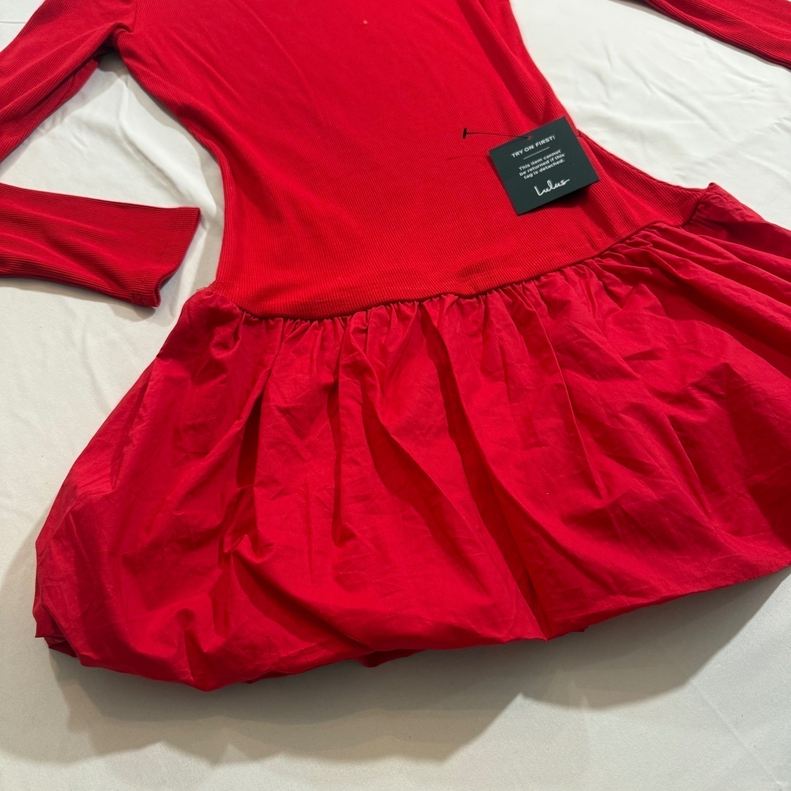NWT Lulus Red Long Sleeve Bubble Hem Mini Dress Ribbed Knit Drop Waist Small NWT