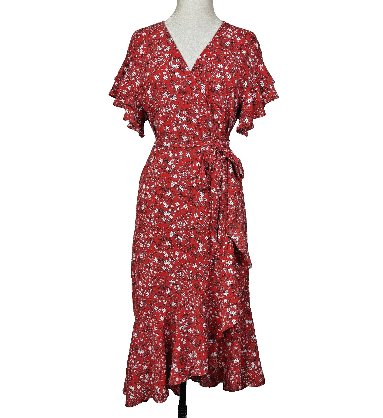 Max Studio Dress Womens L Red Floral Wrap Midi Ruffle Hem Belted Boho Summer