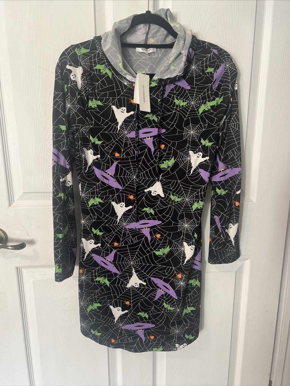 No Comment Juniors Halloween Witch hats, ghosts, spider webs Hoodie Dress Lg NWT