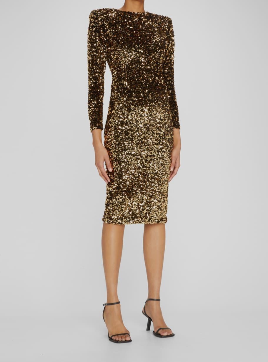 $1625 Sergio Hudson Women’s Gold Sequin-Embellished Cocktail Midi Dress Size 0