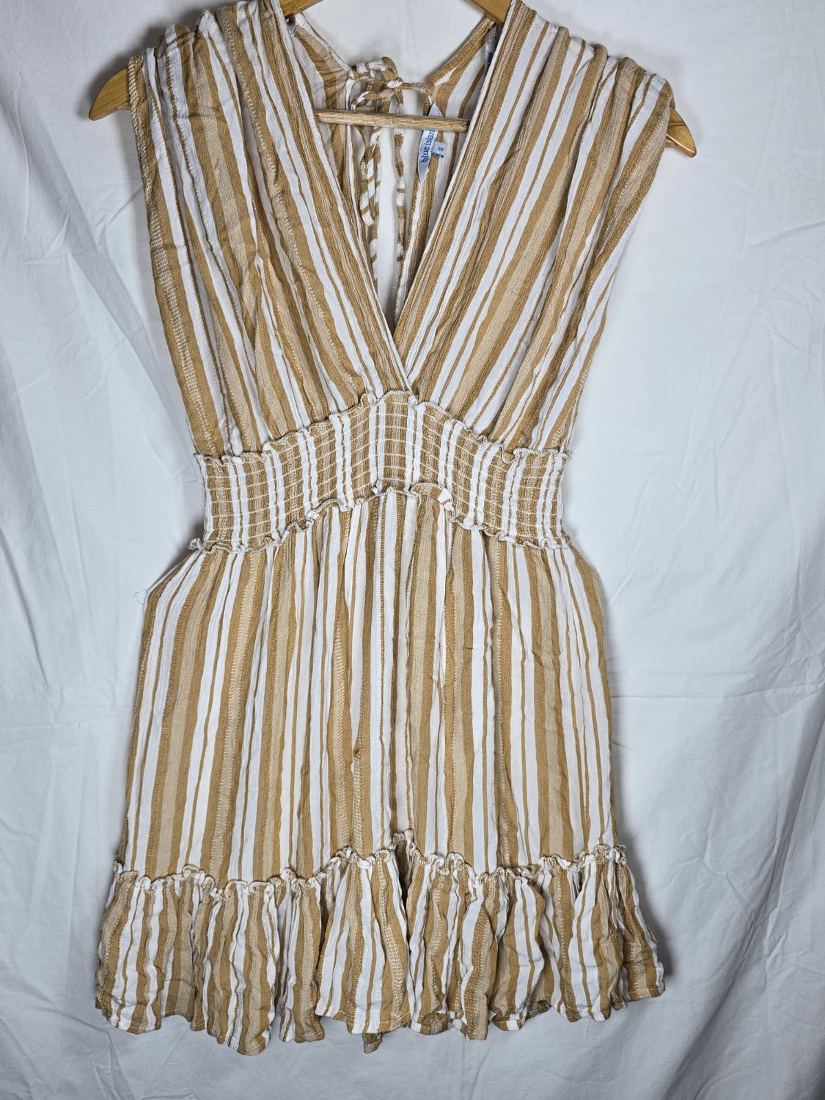 Blue Island Striped Boho Mini Dress Women Size S Beige White Smocked Tassels