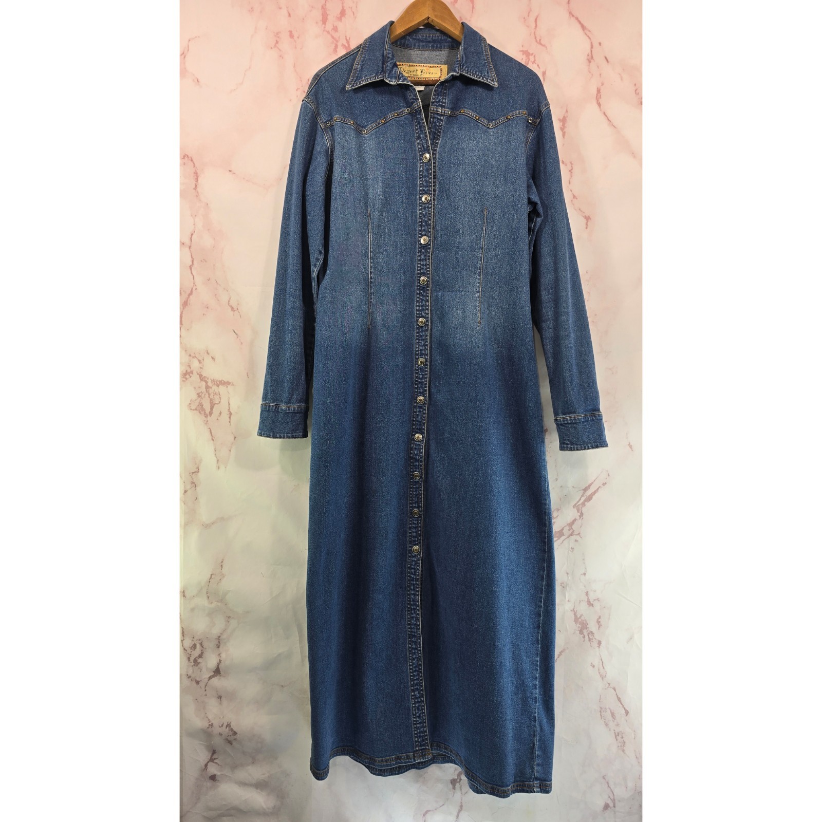 Vintage Denim Dress Womens Large 90s Maxi Jean Western Snap Button Collared