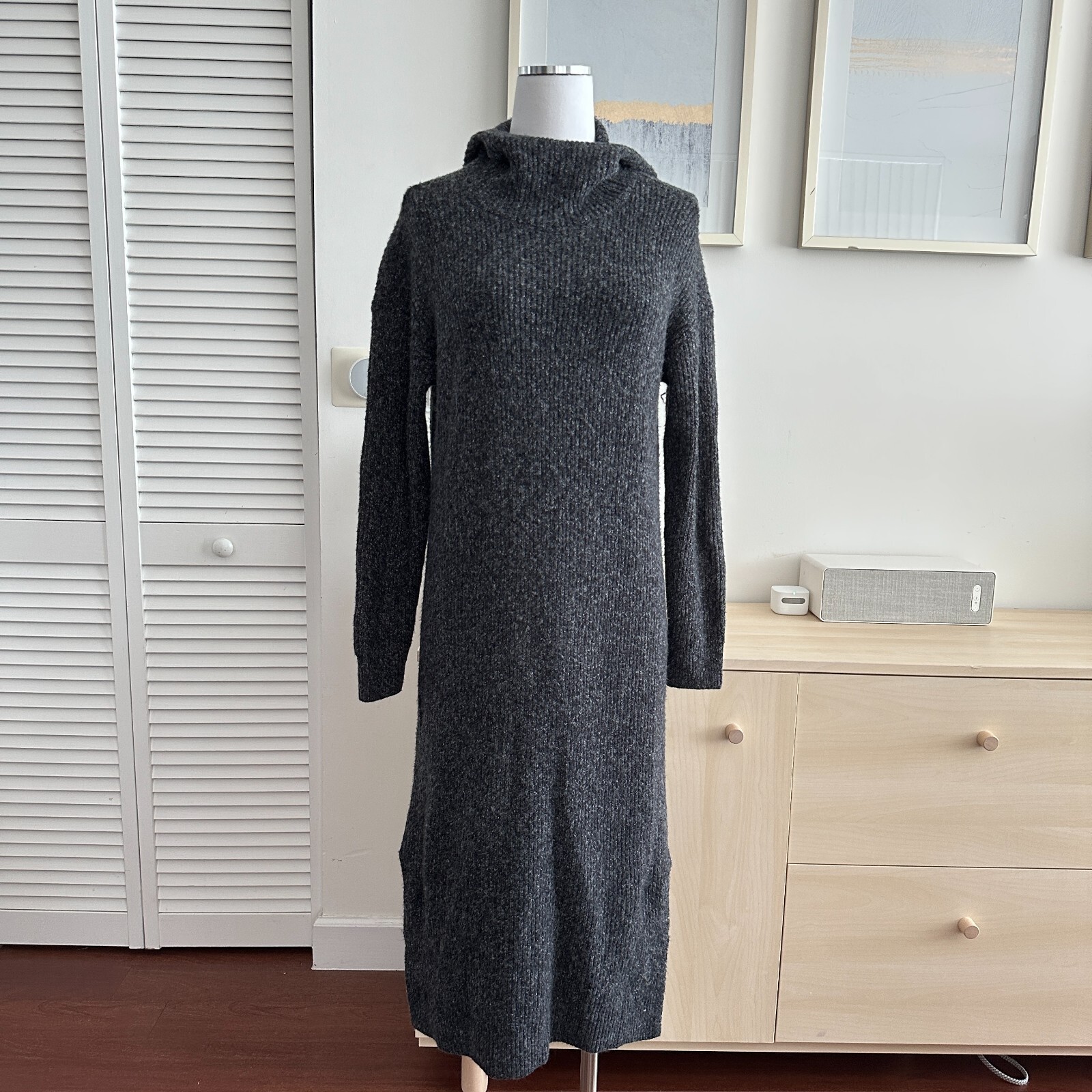Haven Well Within Sweater Dress XS Gray Rib Kit Midi Hooded Lounge Minimalist