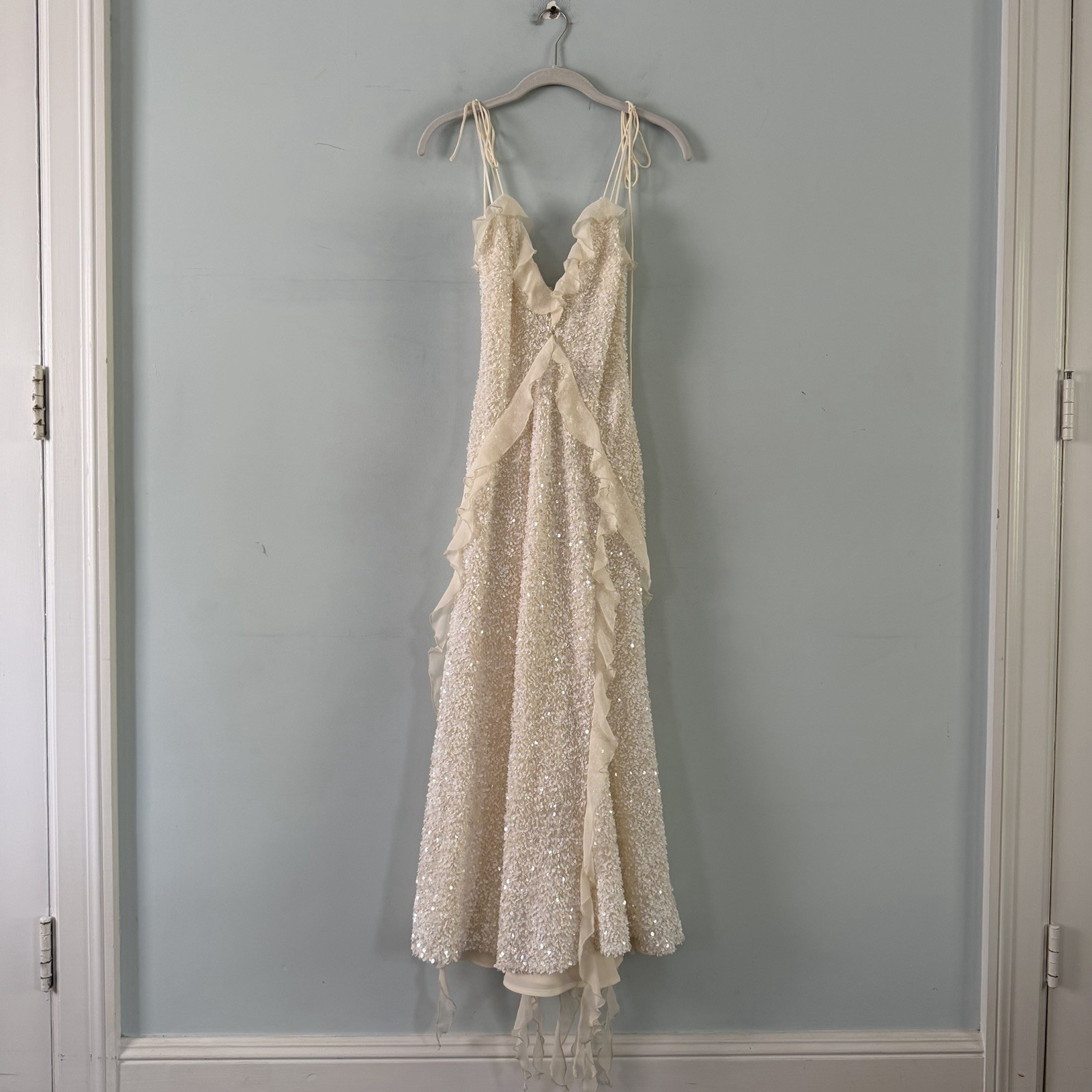 Bardot Marsella Ruffle Sequin Ivory Midi Dress NWT M Bridal Wedding Coquette