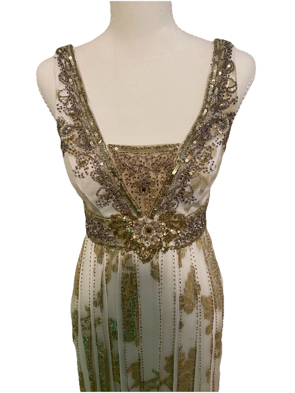 Sue Wong Nocturne White/Gold Beaded Sequin Fringe Bride Y2K Maxi Dress Gown 2
