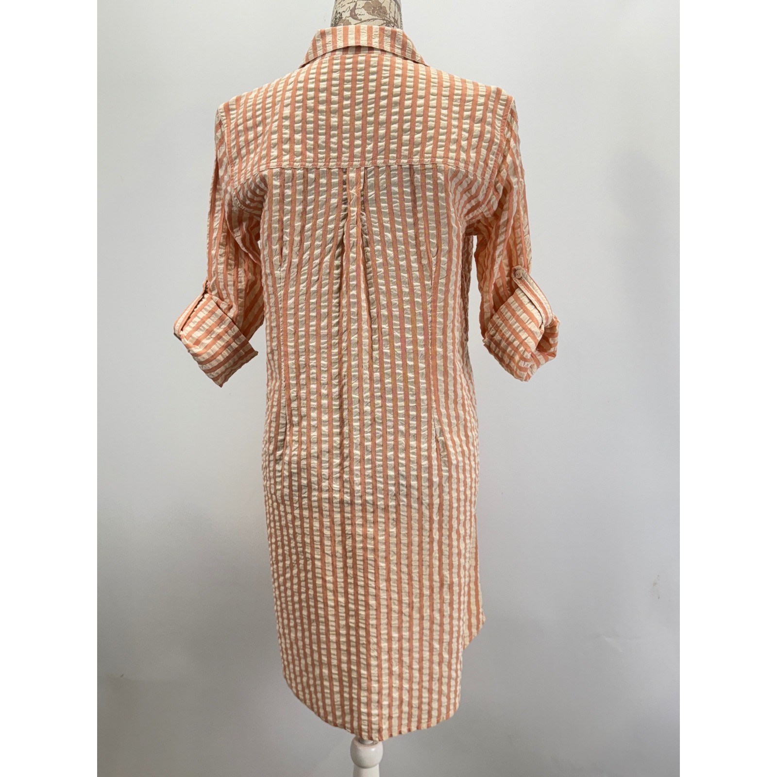 Roller Rabbit Orange White Striped Seersucker Button Front Shirt Dress Sz S