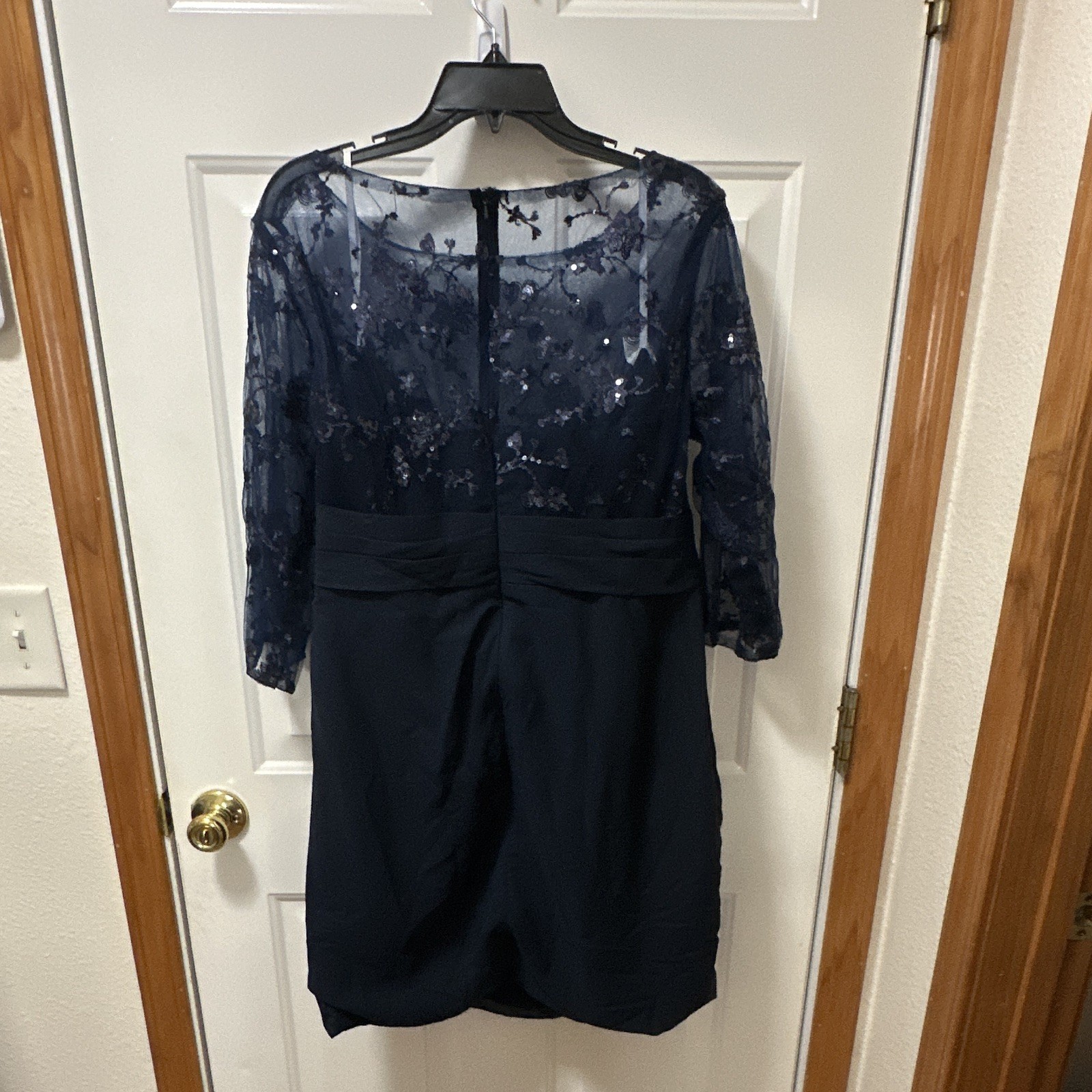 Blue Plus Size 16W Knee Length Chiffon Boat Neck Long Sleeve Sequin Dress