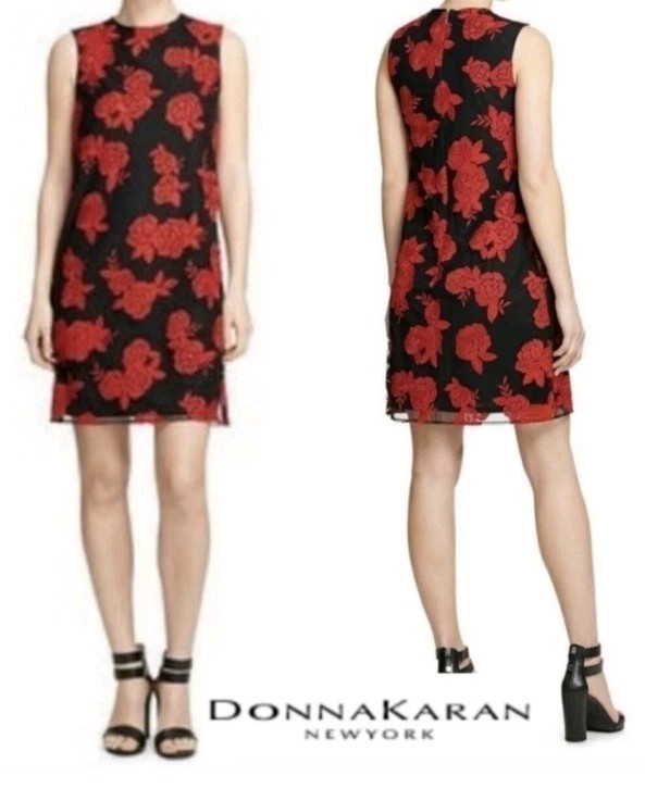 Donna Karan New York Women’s Black Red Embriodered Sheath Cocktail Dress Size 6