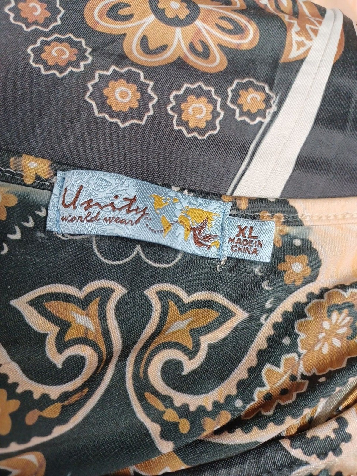 World Unity Boho Dress XL Beaded Print Festival Summer Brown Beige