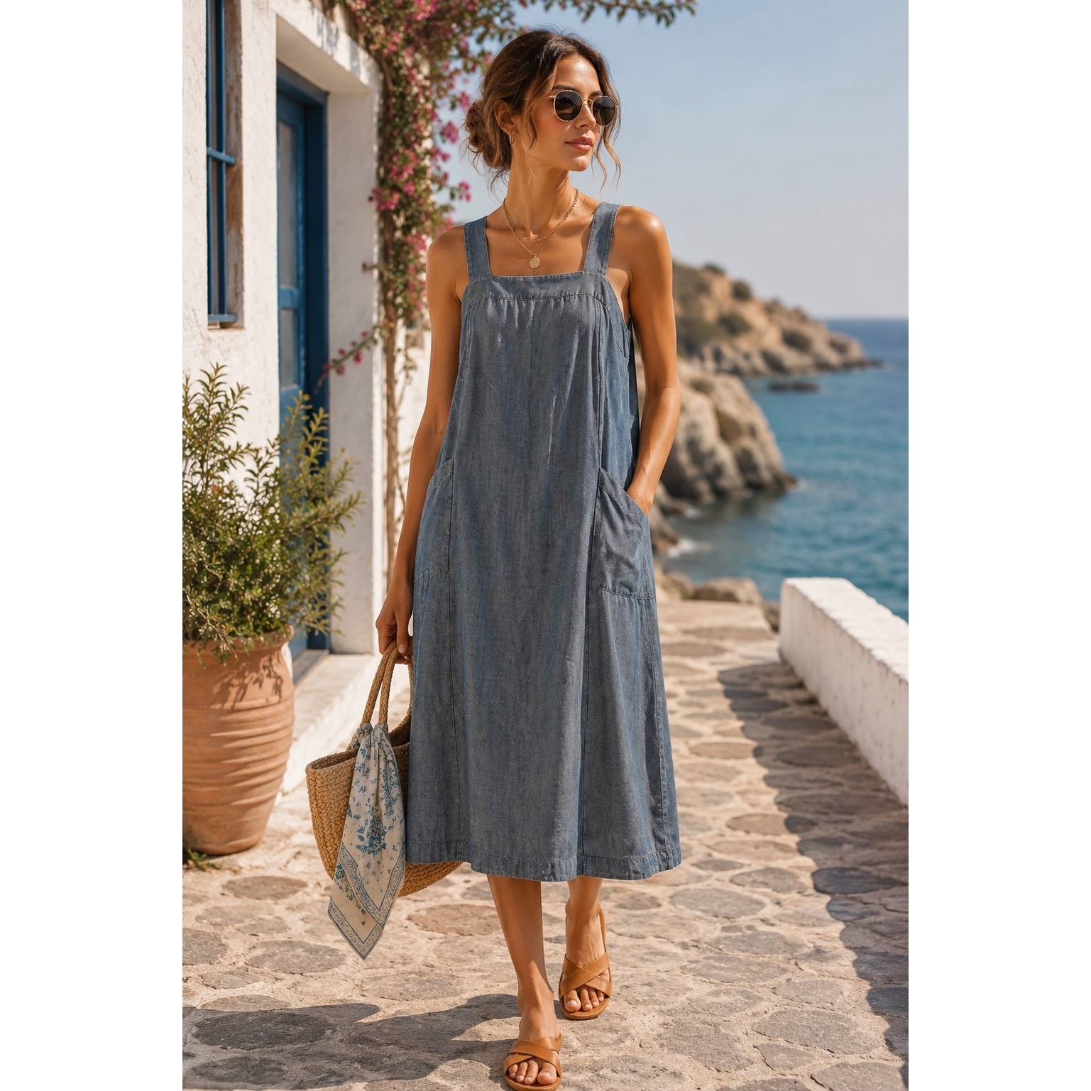Blue Chambray Pinafore Midi Dress Square Neck Pockets Cottagecore Minimalist