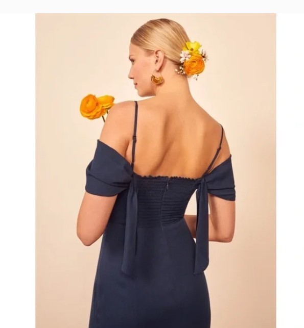 Reformation Larkspur Navy Blue Off Shoulder Maxi Dress Gown 2 XS