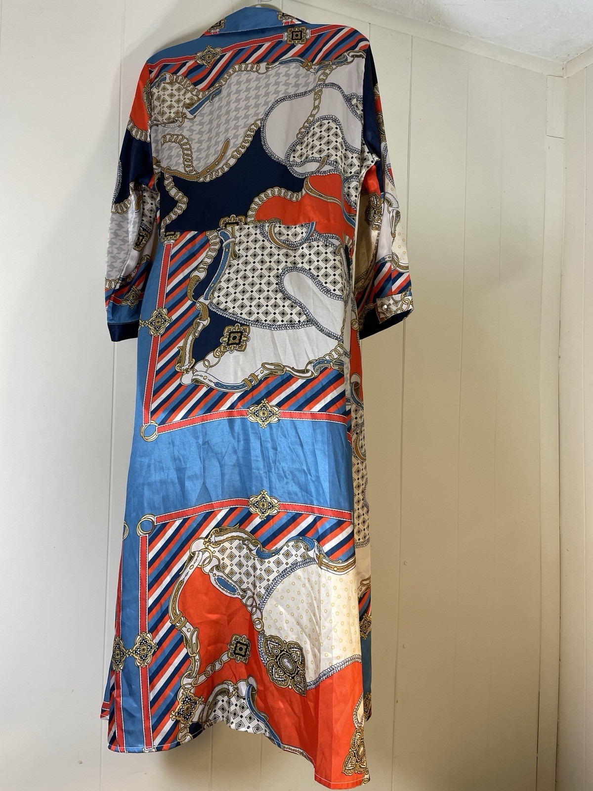 Sam Link 3/4 Sleeve Button Maxi Dress M satin gold chains pockets blue Summer