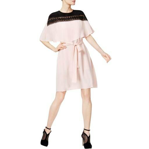 YYIGAL Belted Lace-Yoke Cape Dress Size Small, Pink #3094