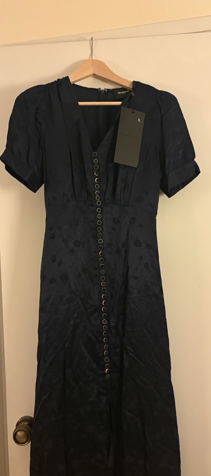 The Kooples Navy Blue Satin Buttoned Midi Dress