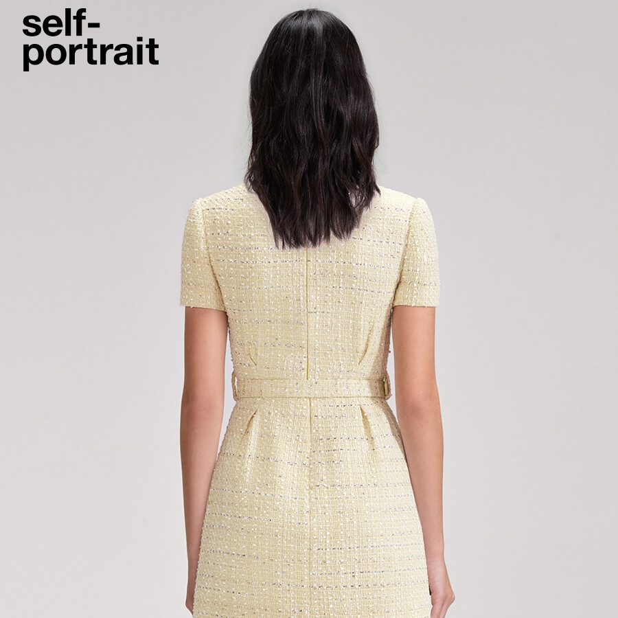 Self-Portrait Women’s Cream Yellow Square Neck Short Sleeved A-Line Short Dress