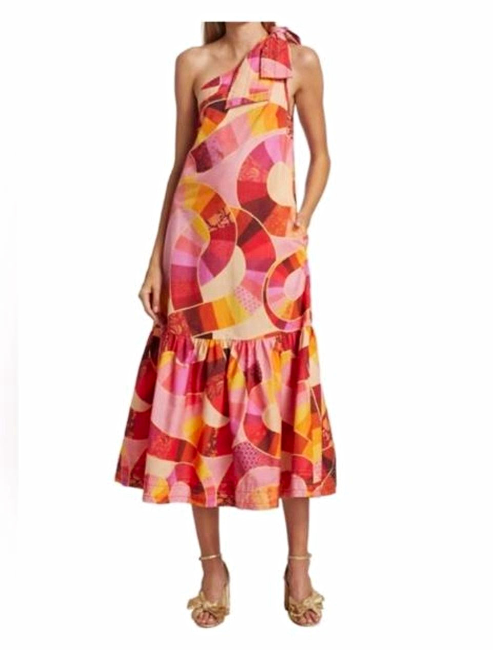 FARM Rio Patch Twirl One-Shoulder Ruffle Midi Maxi Dress XS Organic Cotton Twill