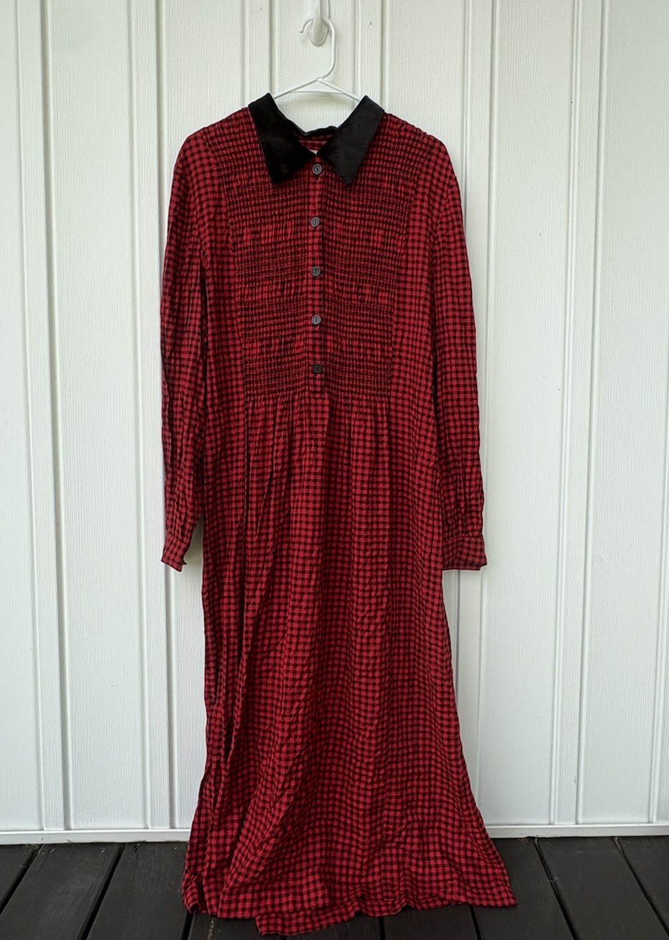 VTG Kathie Lee Red Black Plaid Smocked Maxi Dress Velour Collar Rayon Womens 14