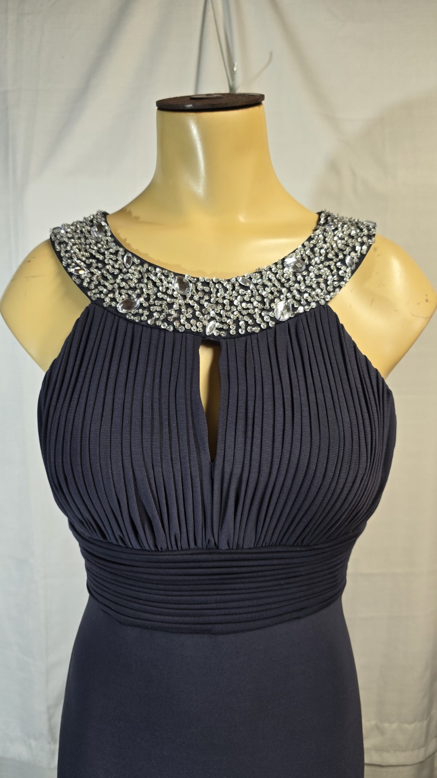JS Boutique Gown 4 Navy Beaded Pleated Formal Evening Prom Maxi Dress