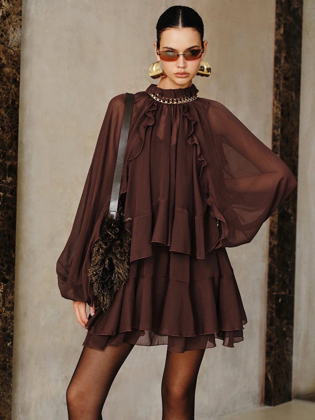 Commense Brown Semi-Sheer Chiffon Ruffle Mini Dress with Cape Overlay – Size XL