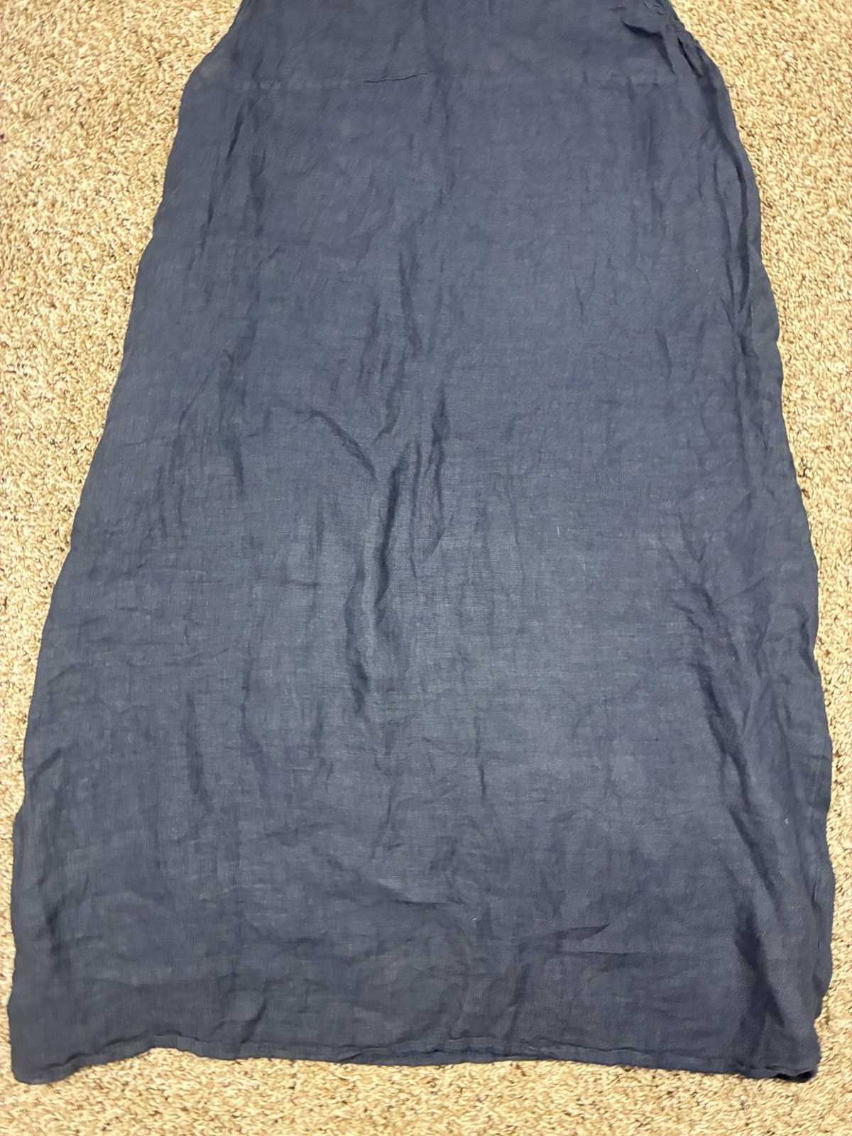 100% Lino Linen Lagenlook Sleeveless Midi Dress Navy Blue Pockets Sz 36 US 8