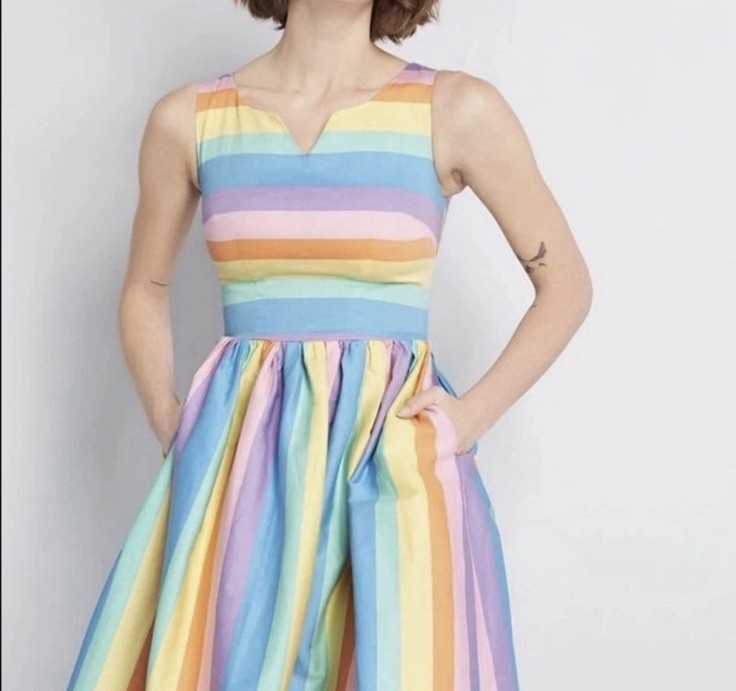 ModCloth X Collectif Rainbow Stripe Dress M Retro Rockabilly Pastel Swing Dress