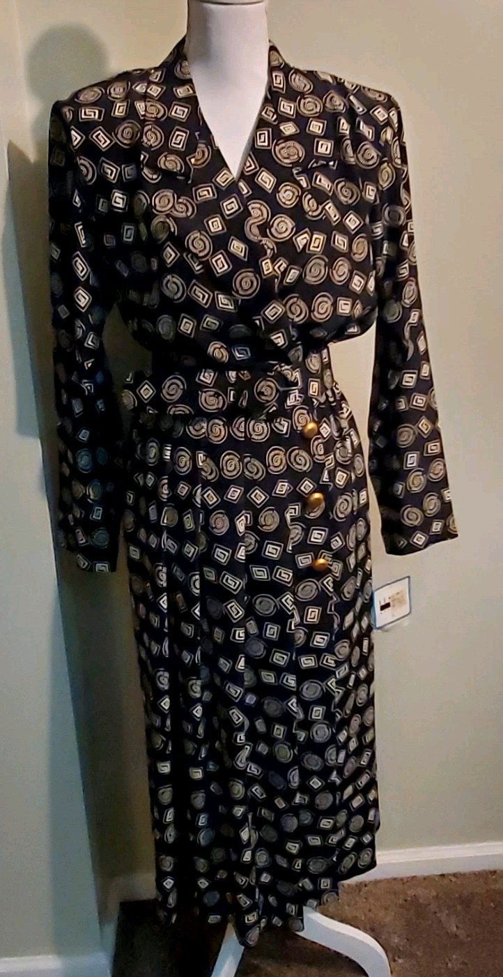 Vintage NWT Leslie Fay Midi Black & Cream Dress Sz 8 Gold Buttons Belt & Pockets
