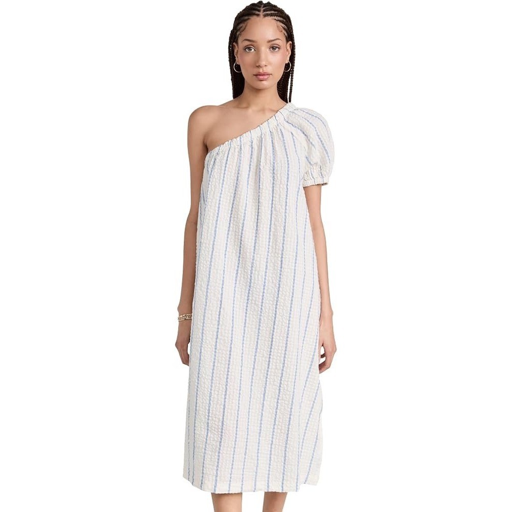 Madewell One Shoulder Seersucker Midi Dress Blue White Striped Pockets NM263