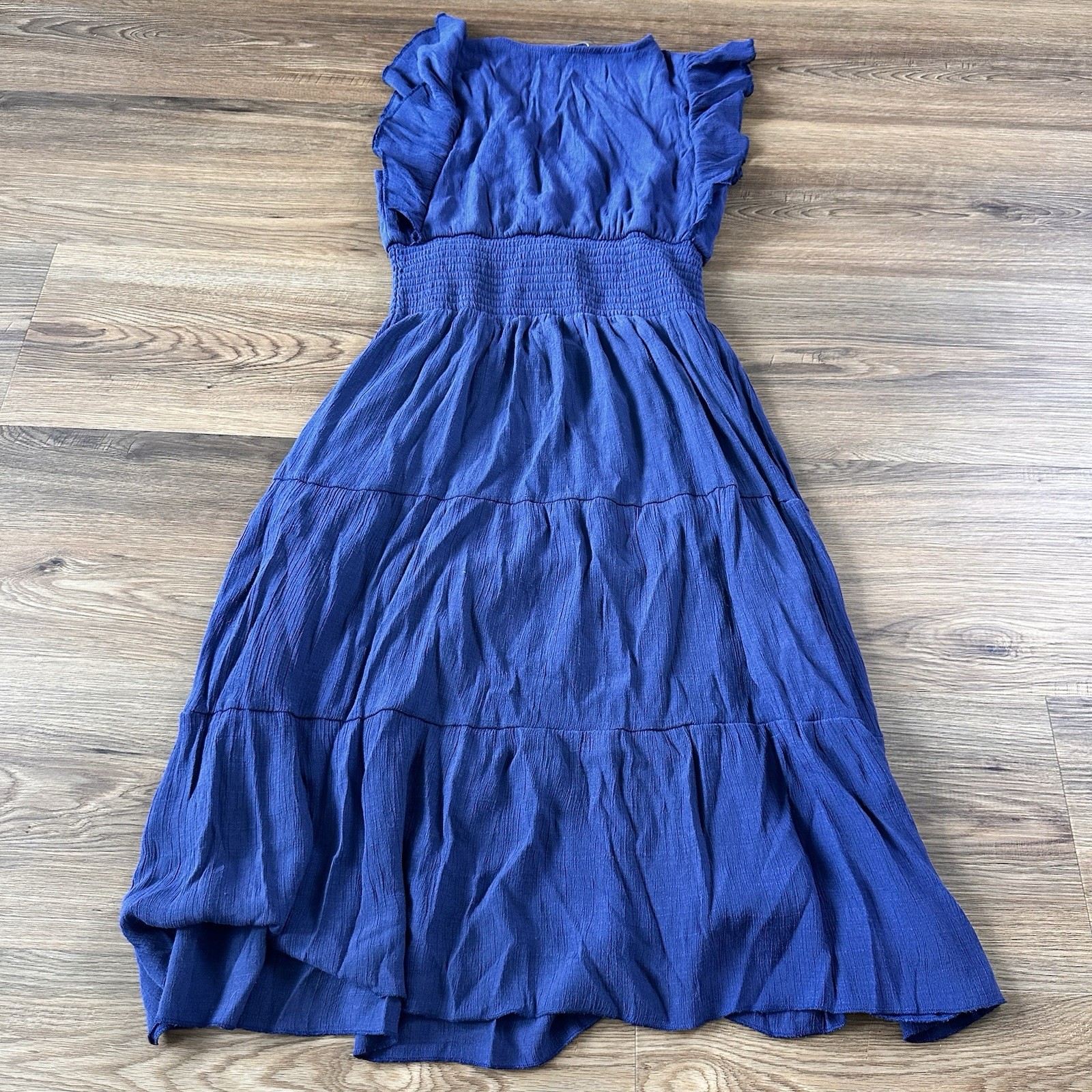 J GEE Tiered Midi Dress Boho Blue Sleeveless Dress Petite Large Flutter Sleeves