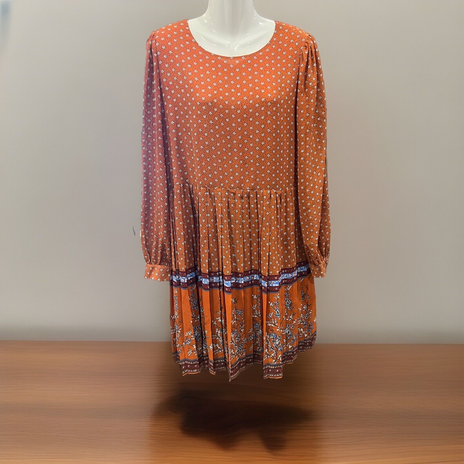 Dillards A Loves A Pleated Print Dress Long Sleeve Burnt Orange Size Large