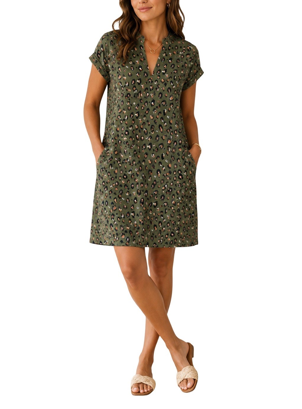 Brooke Wright Nancy Linen Leopard Print Dress Olive Green Women’s Small Pockets