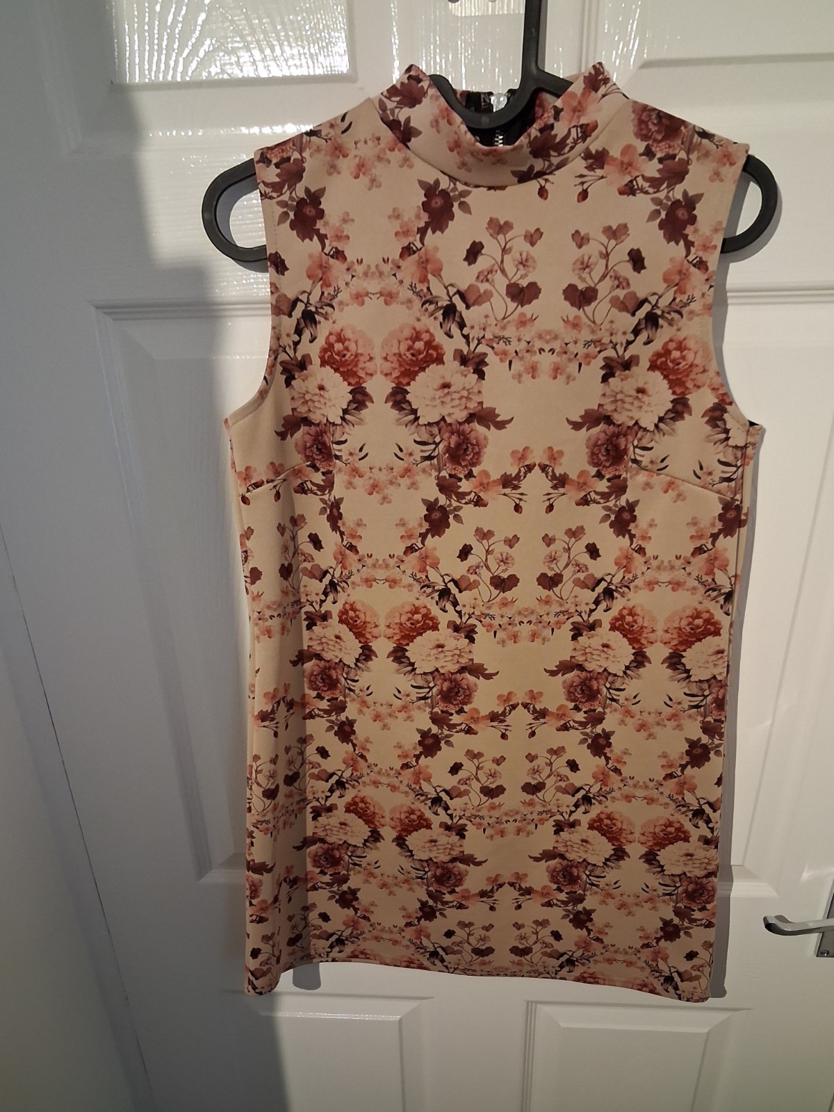 Prettylittlething Beige Floral High Neck Sleeveless Ladies Dress, Size 8
