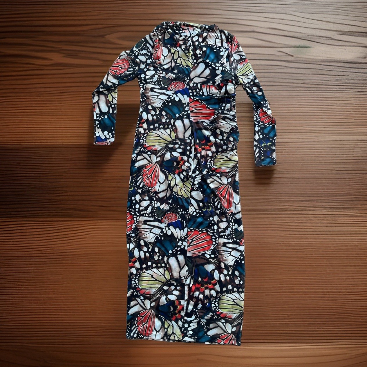 NWT ($90) ASHLEY GRAHAM Sz 0X Butterfly AOP Bodycon Semi-Sheer Lined Maxi Dress