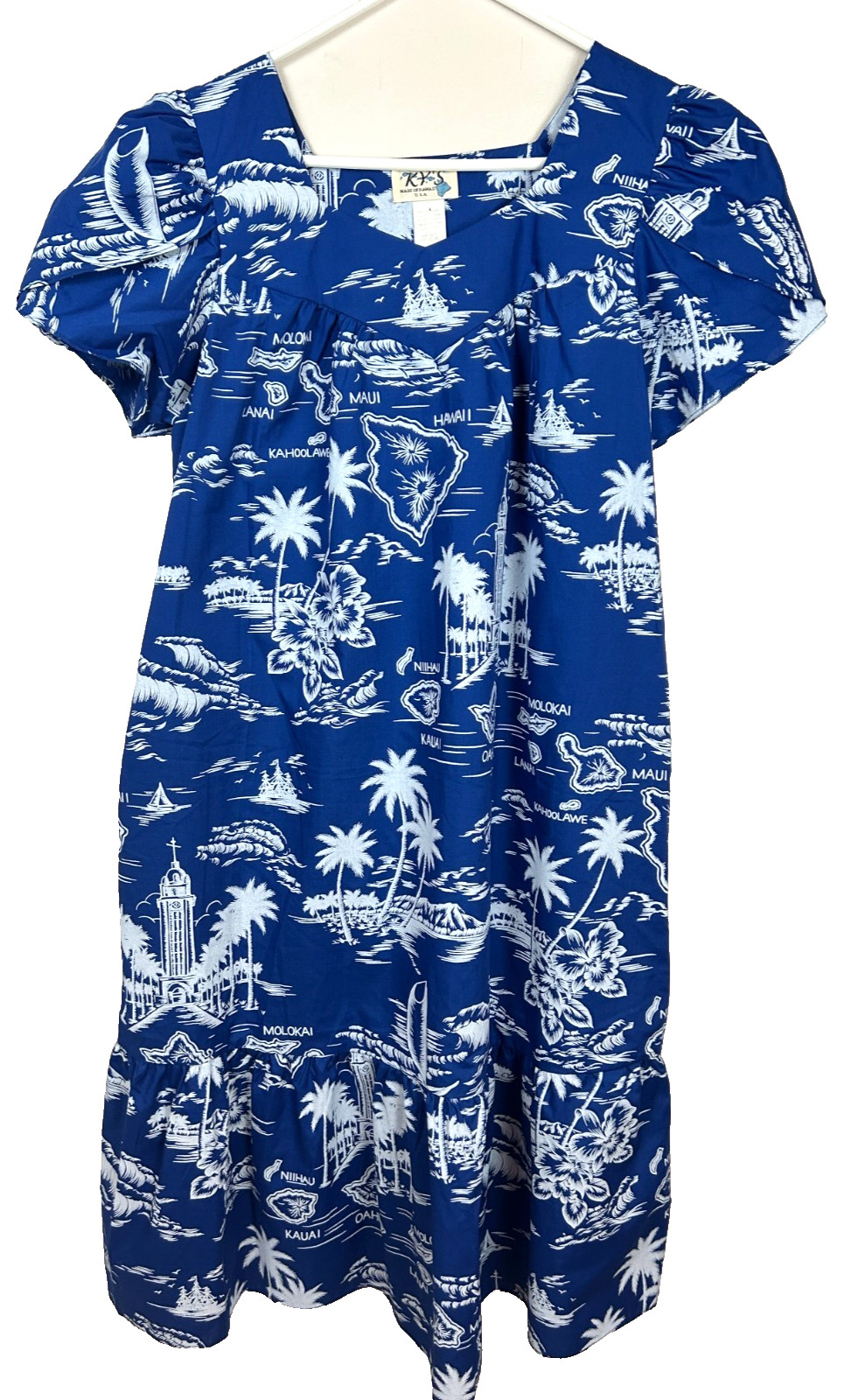 Ky’s Vintage Hawaii Blue White Map Print Dress Muu Muu Size L