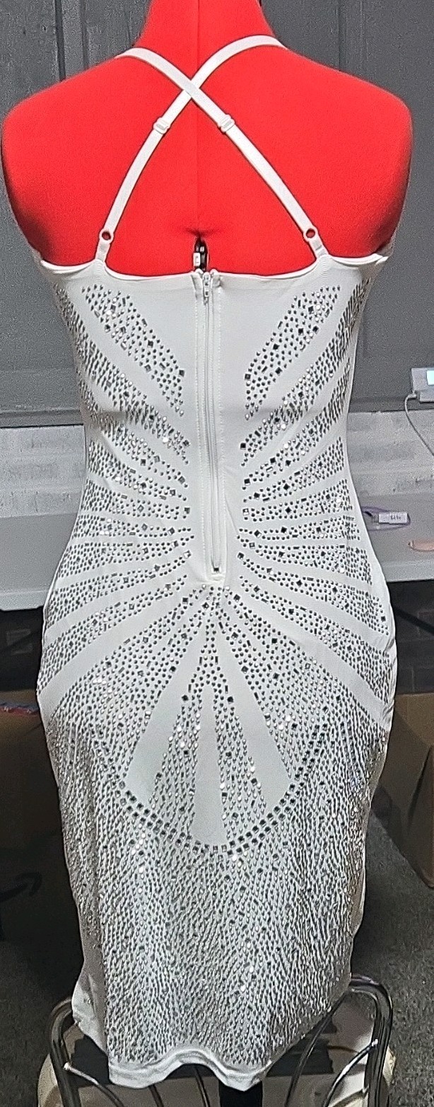 White Silver Rhinestone Bodycon Midi Dress M V-Neck Strappy Zip Stretch