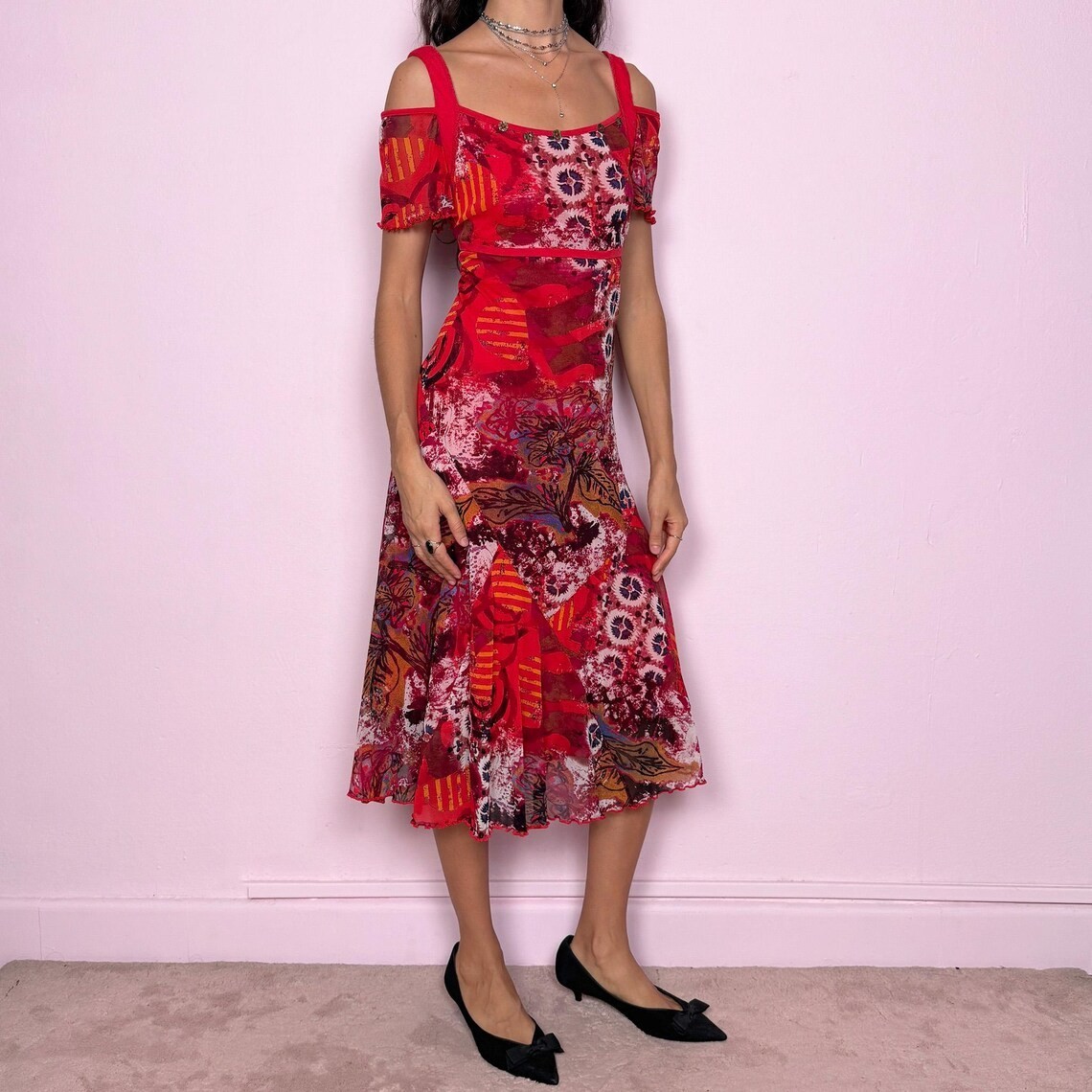 Vintage Red Midi Dress Graphic Mesh Sheer Maximalist Deconstructed Y2K Size L